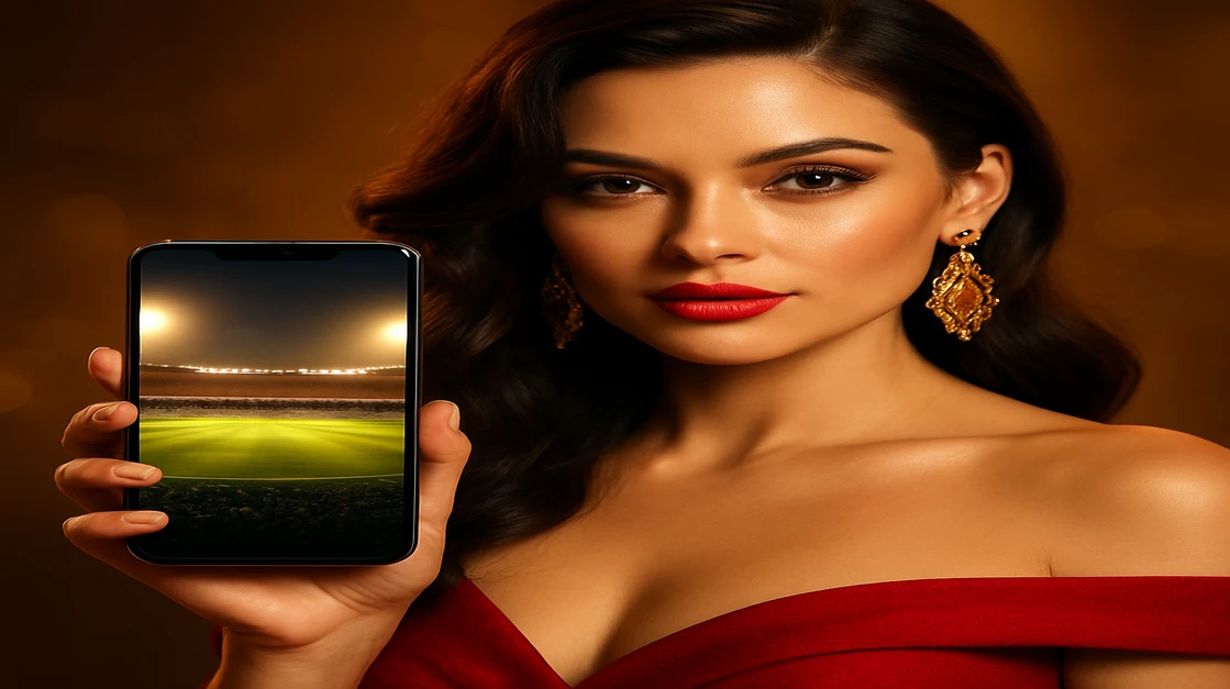 সুশ্রী এক নারী BD9999 স্পোর্টস গেমিং অ্যাপটি উপস্থাপন করছেন, যেখানে মোবাইল ডিভাইসে লাইভ ক্রিকেট ম্যাচ স্ট্রিমিং ও খেলার ইন্টারফেস দেখা যায়