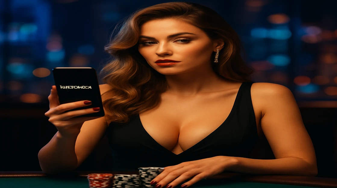 BD9999 প্রিমিয়াম গেমিং-এর জন্য বিলাসবহুল গেমিং প্ল্যাটফর্ম সেটিং-এ দীর্ঘ চুলের এক সুন্দরী নারী স্মার্টফোন হাতে ধরে ভিআইপি বোনাস অফার দেখাচ্ছেন