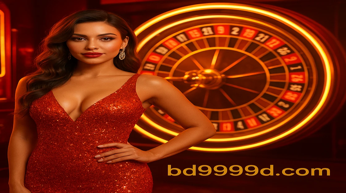 BD9999 ক্রেজি টাইম গেমিং প্ল্যাটফর্মের বিলাসবহুল পরিবেশের সামনে, দীপ্তিময় লাল পোশাকে ও দীর্ঘ কালো চুলের এক সুন্দরী নারী দাঁড়িয়ে আছে; সামনে একটি গোলাকার খেলার অংশটি দেখা যাচ্ছে