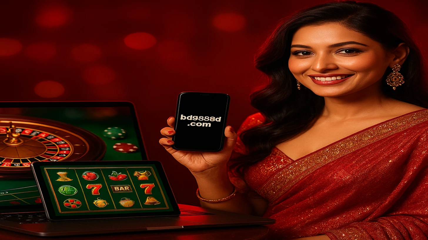 BD9999 গেমিং প্ল্যাটফর্মটি ল্যাপটপ ও মোবাইল ডিভাইসে প্রদর্শন করছেন এক নারী, লাল-সোনালি শাড়ি পরিহিত, গেমিং পরিবেশে মুদ্রা-চিপসমূহসহ
