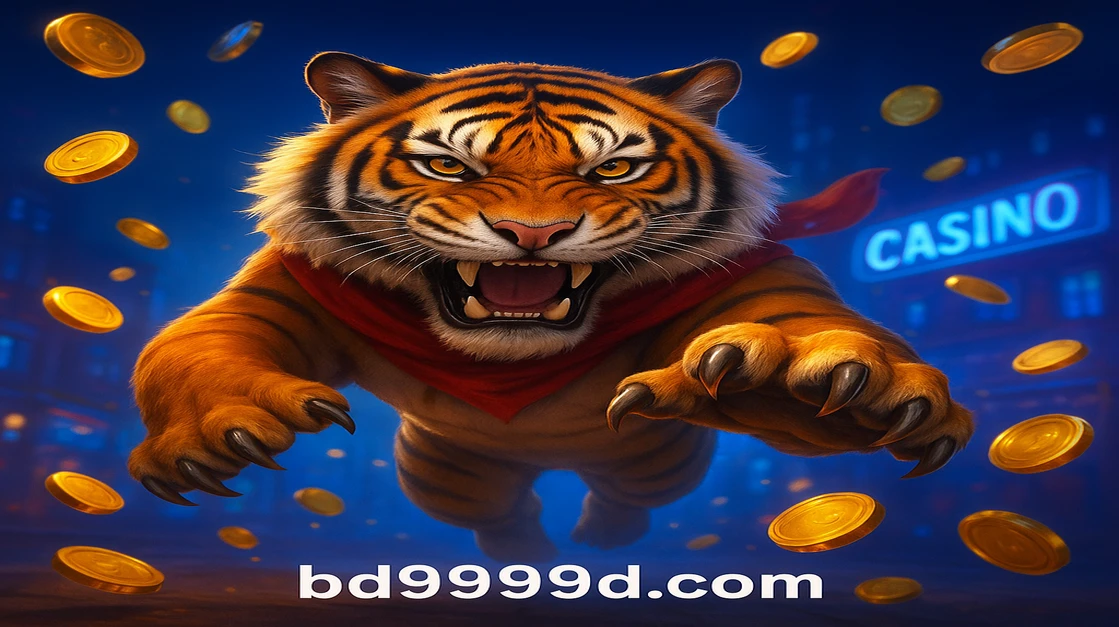 BD9999 ফরচুন টাইগার বিনোদন-গেম অভিজ্ঞতার জন্য মহিমান্বিত বাঘ, যার গাঢ় কমলা চোখ জ্বলছে এবং চারদিকে পড়ে থাকা সোনালি মুদ্রায় তাকে ঘিরে রয়েছে