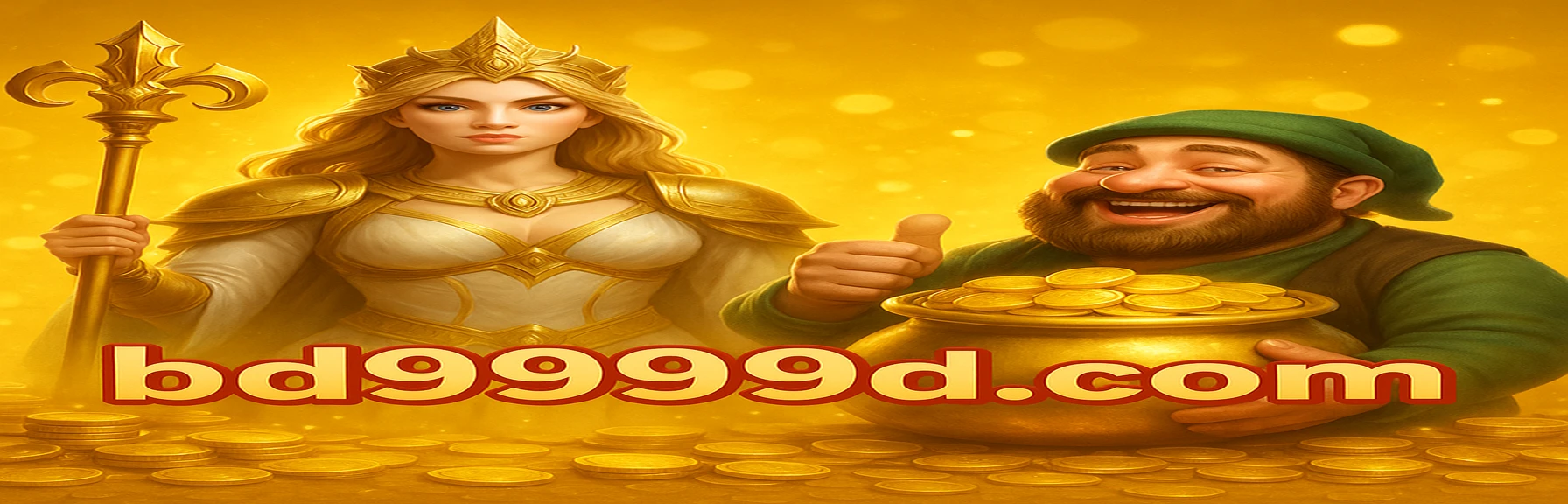 BD9999-র প্রতিদিন লগইনের সাথে ৭,৭৭৭ টাকার স্বর্ণালী ডিম বোনাস প্রচারকারী দেবী চরিত্র—বর্ণিল মুকুট ও দণ্ডসহ